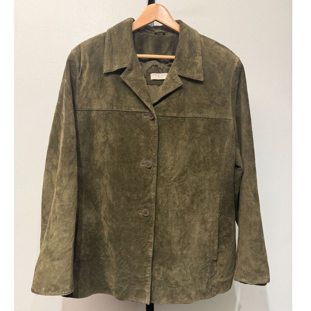 Lord & Taylor 1X Olive Green Genuine Suede Leather Jacket Women's Button Front